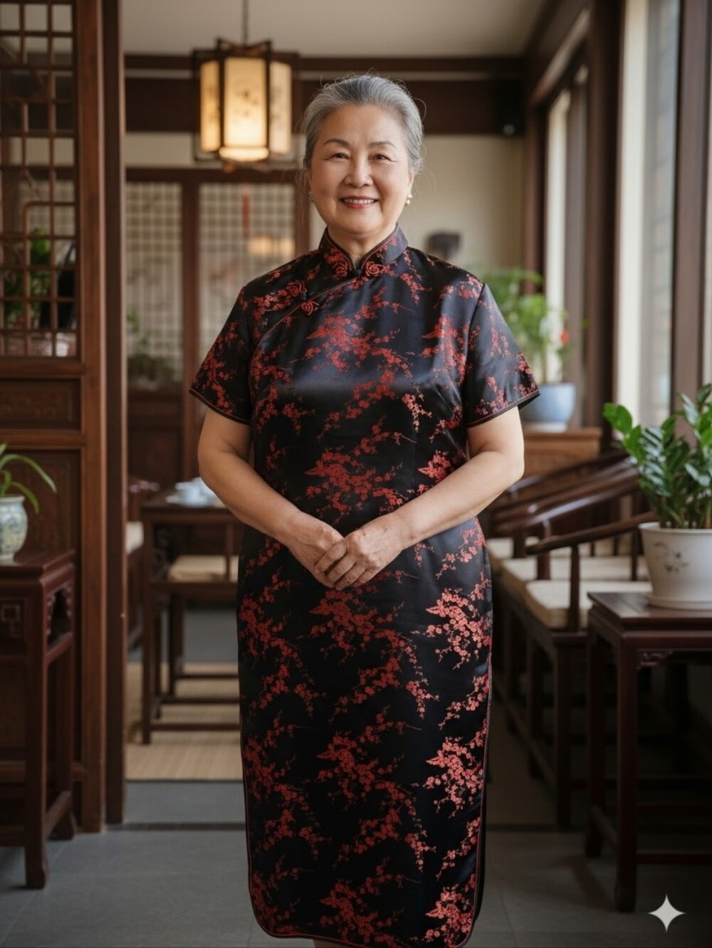 Elegant Black and Red Floral Cheongsam Dress. Women Cheongsam Long Dress Evening